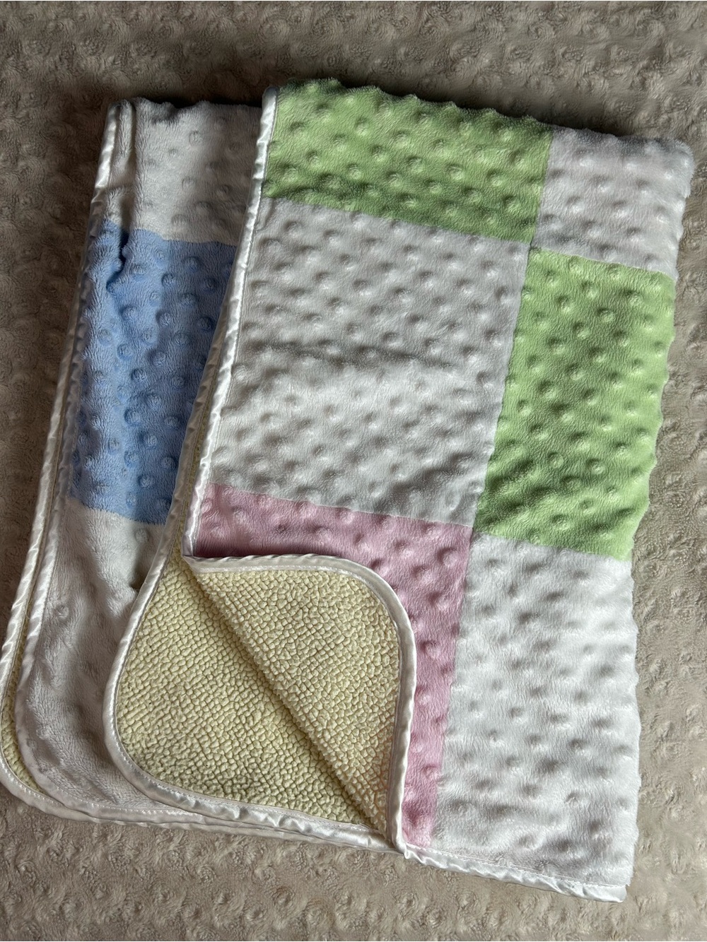 Just Born Patchwork Square Baby Blanket Yellow White Pink Blue Green Minky Dot